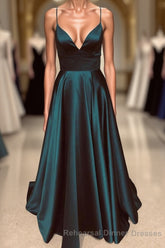 A Line V Neck Backless Long Semi Formal Prom Dresses Simple Dark Green Semi Formal Prom Evening Gowns